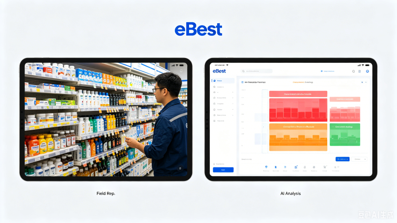 eBest Mobile SFA software perfect store AI module interface showing shelf compliance score and sell-in suggestion for CPG field rep