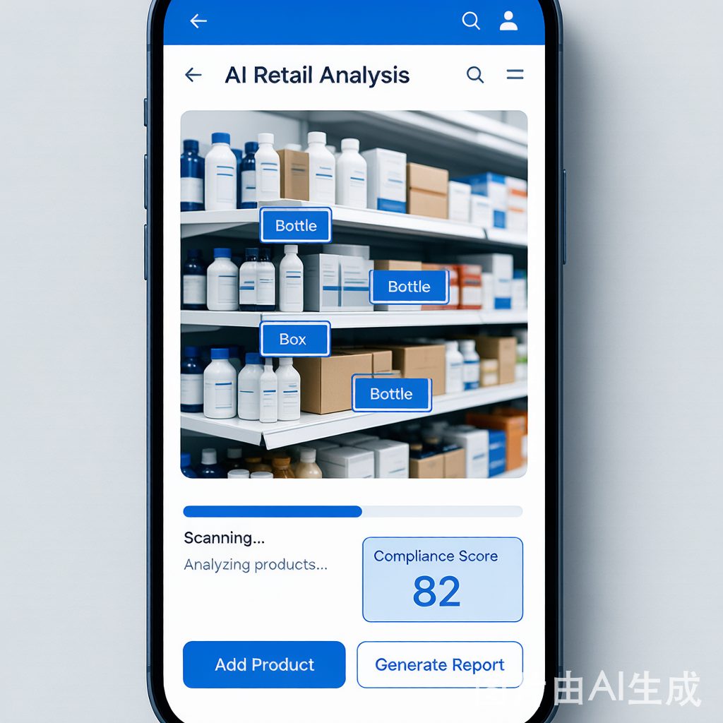 Mobile retail execution app showing AI shelf photo recognition and compliance scoring on smartphone - eBest field sales
