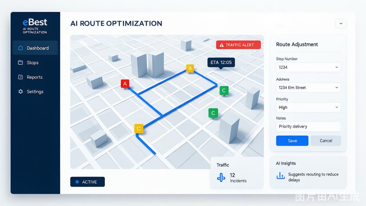 AI route optimization technical diagram showing real-time re-routing dashboard with store priority levels, traffic alerts, and adaptive schedule adjustments