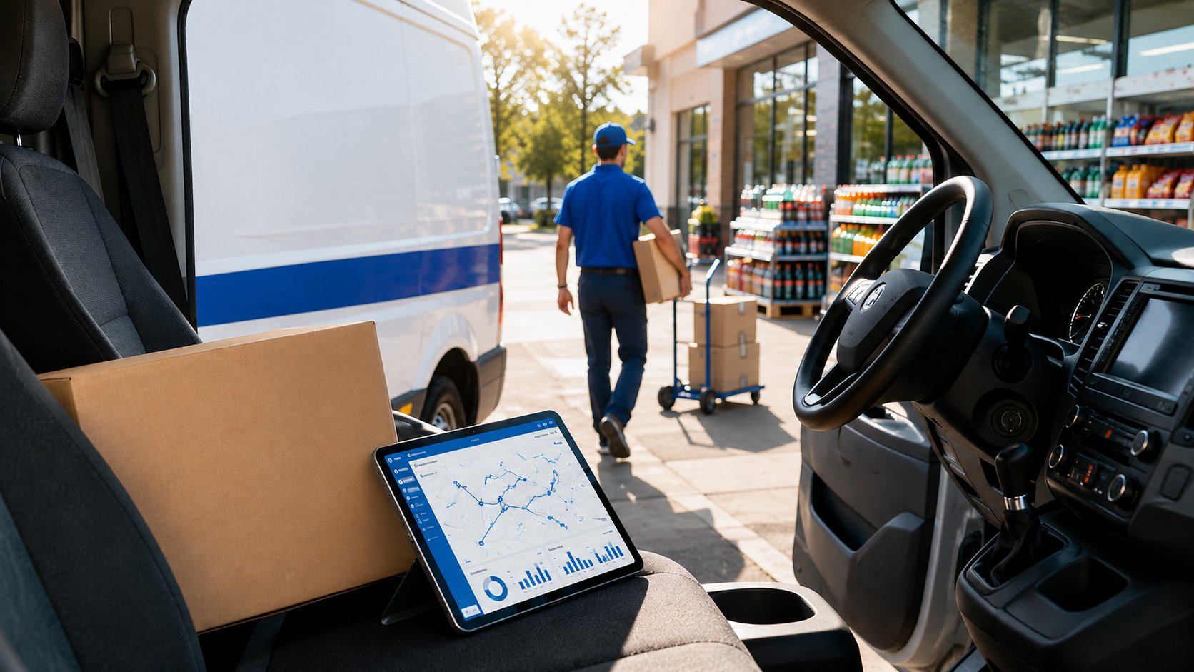 DSD software dashboard showing route optimization, van stock tracking, and delivery confirmation metrics for CPG — eBest brand blue #0056A8, clean professional UI