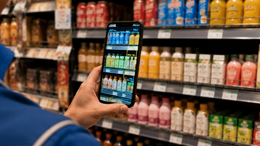 Agentic AI for CPG sales: field rep using a co-selling assistant on a tablet in a retail aisle