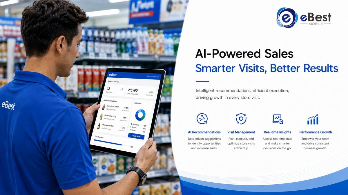 Image showing a CPG field sales rep using a tablet with an AI-powered field sales automation dashboard inside a retail store environment, eBest brand blue #0056A8 accent, clean corporate style