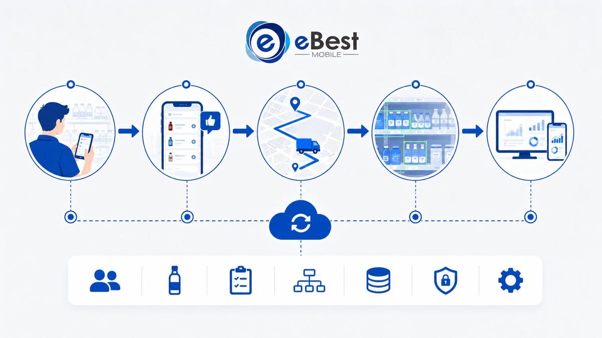 Diagram showing the unified field sales automation for CPG workflow from eBest: mobile SFA → AI sell-in → route optimization → perfect store execution, #0056A8 blue, clean diagram style