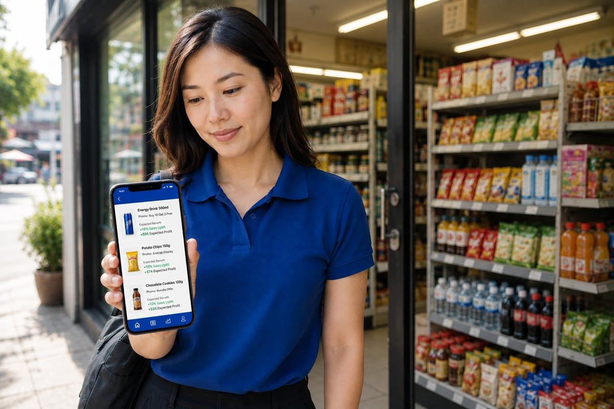 AI Selling Story — CPG rep reviews the AI-generated, store-specific talk-track on her phone outside a convenience store before stepping in