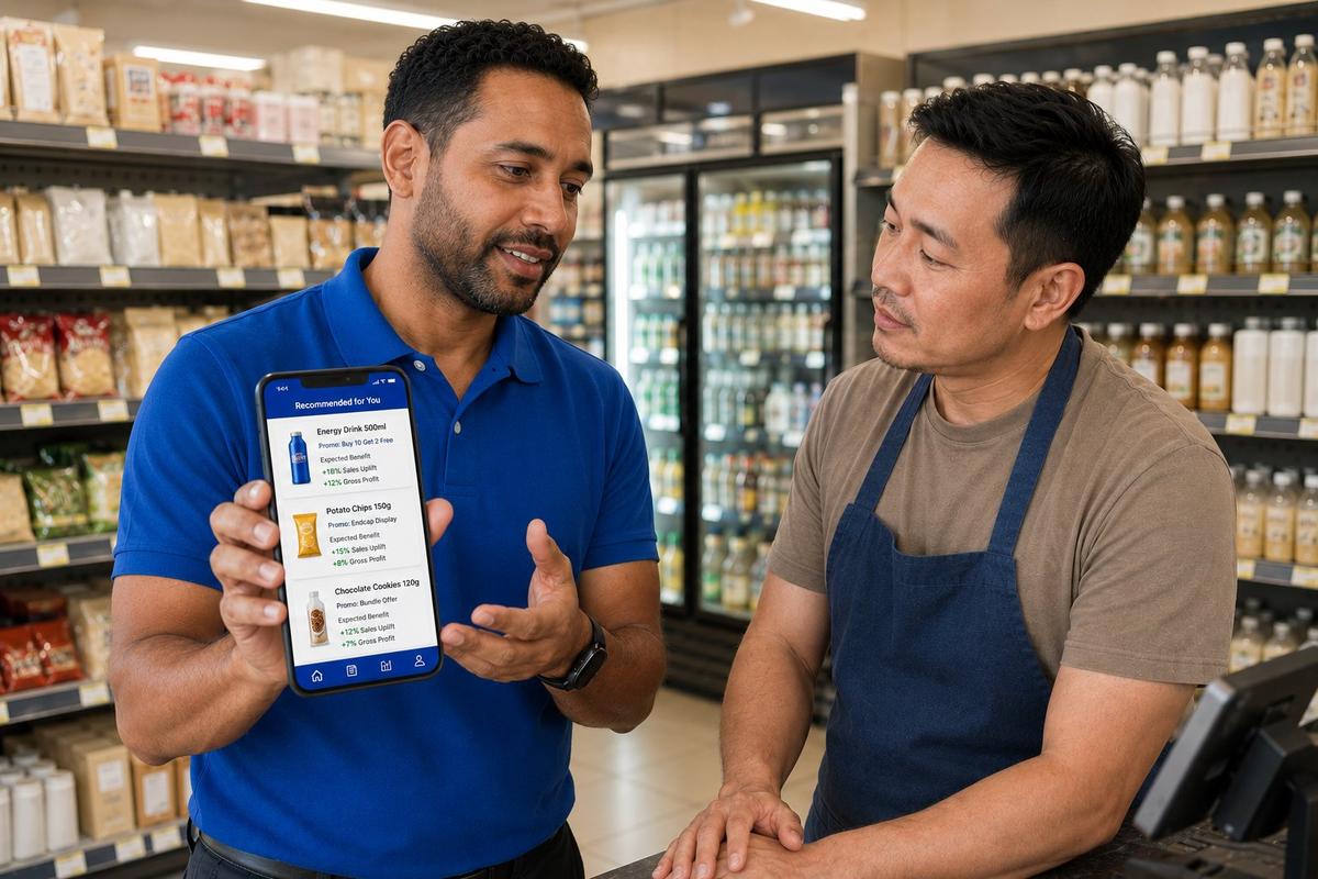 AI Selling Story in action — CPG rep adapts the live, store-specific pitch with the store owner during a sell-in conversation
