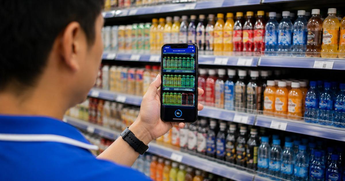 Artificial intelligence in FMCG: field merchandiser using a phone with an AI shelf overlay