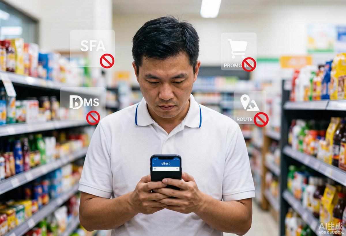 CPG sales software reality: a field rep juggling separate SFA, DMS, and promotion apps that don't share store data