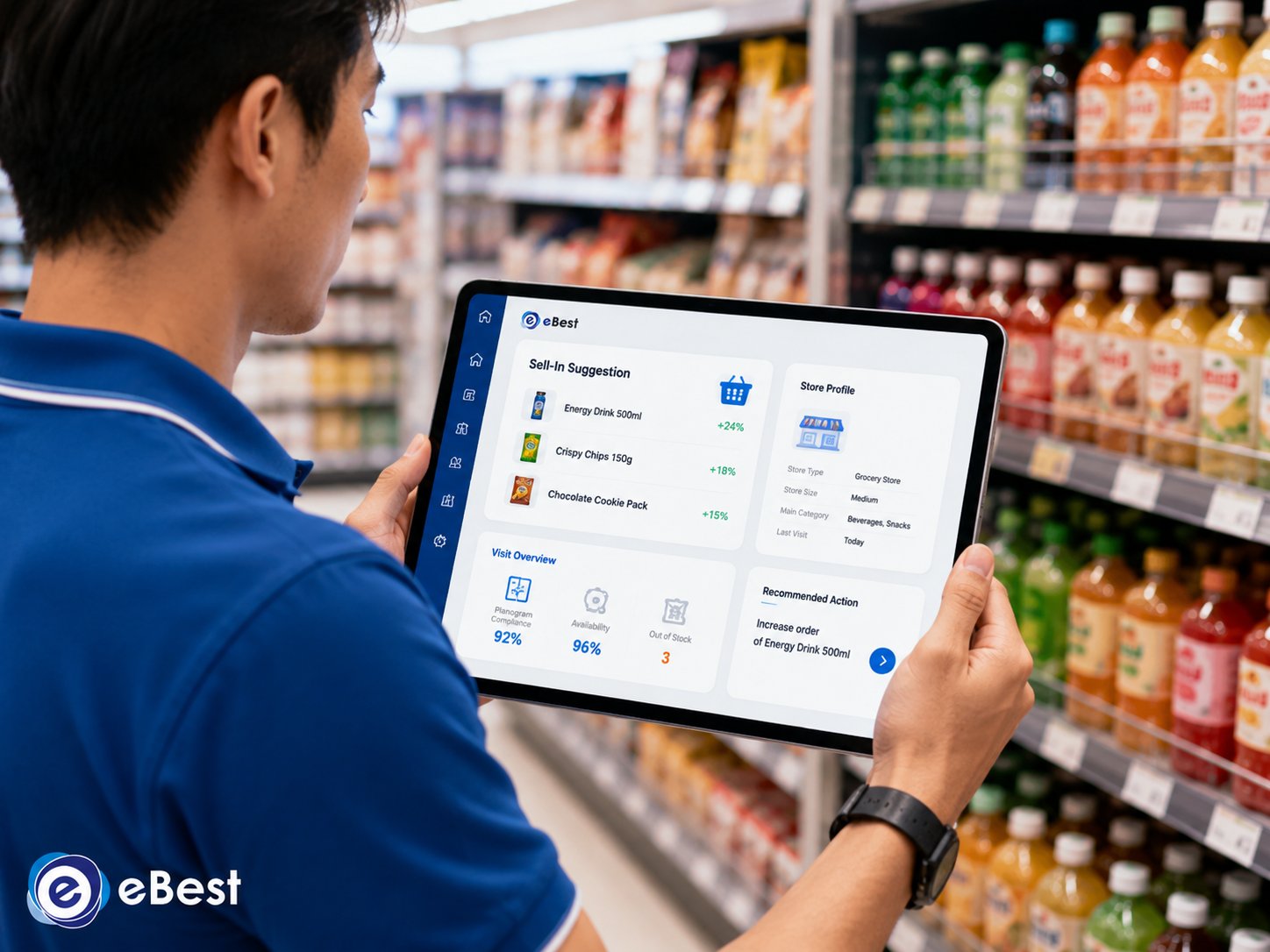 AI sell-in suggestion dashboard showing cross-sell recommendations on a CPG field rep tablet