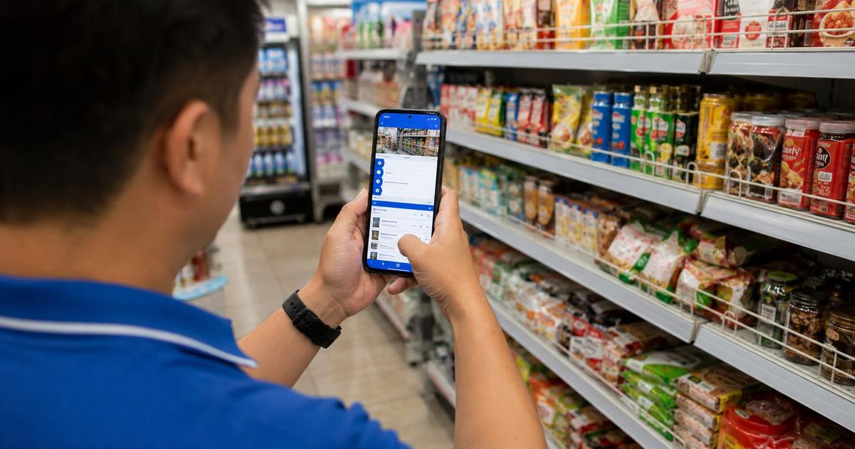Mobile sales force automation for FMCG: field rep using a phone to capture a store shelf with an offline visit app