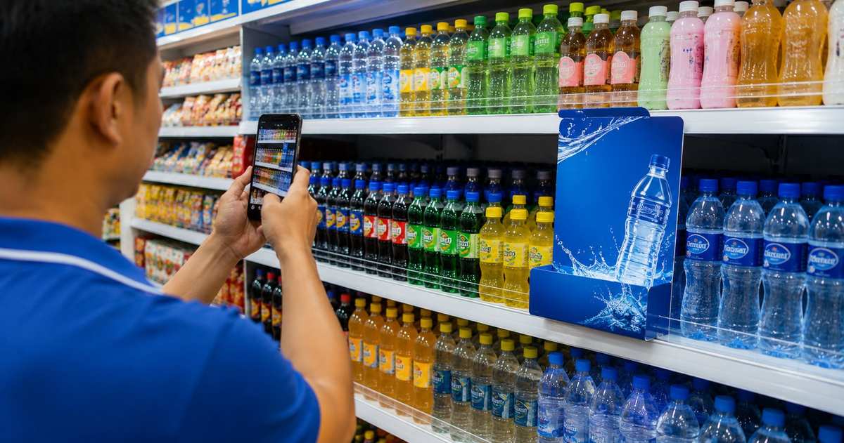 Perfect store execution: field merchandiser using a phone to capture a compliant store shelf