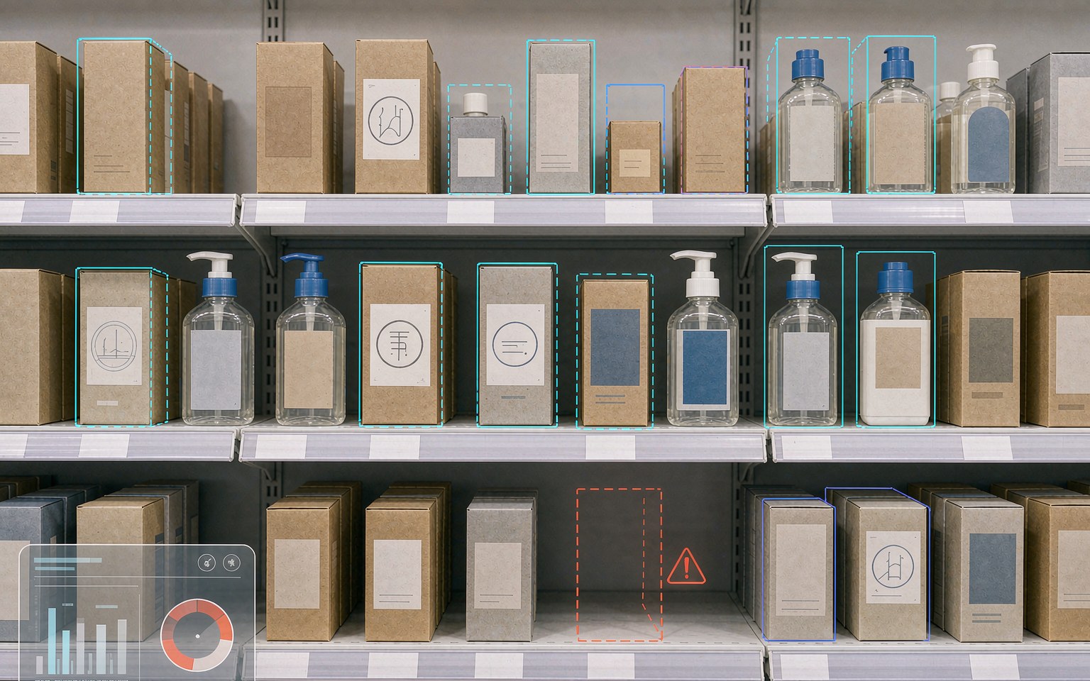 AI shelf monitoring overlay flagging gaps and counting facings on a retail shelf