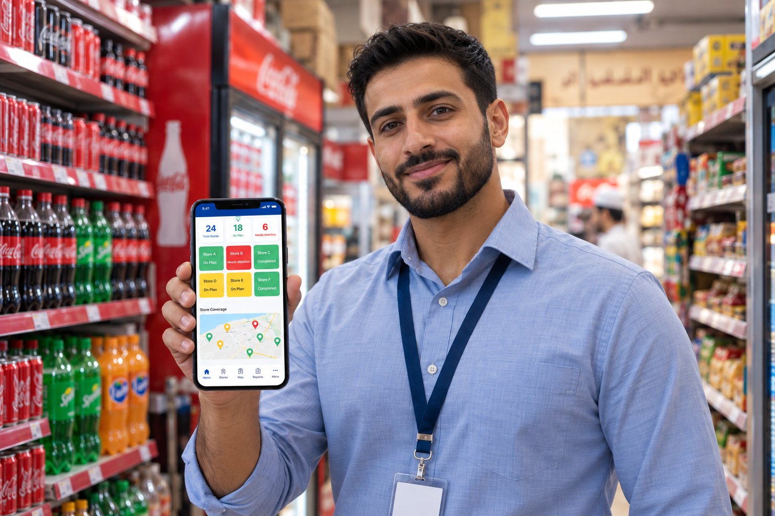 Coca-Cola UAE SFA color-coded performance dashboard — a Gulf bottler rep holds a smartphone showing red, yellow, and green store-status tiles inside a UAE baqala with Coca-Cola branded cooler and shelves in the background