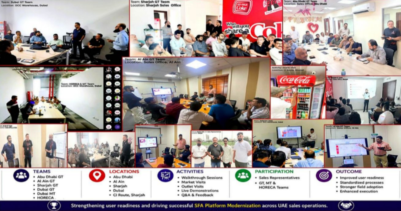 Coca-Cola UAE SFA launch readiness — training walkthroughs, market visits, live demos, and Q&A sessions across Abu Dhabi, Al Ain, Sharjah, and Dubai